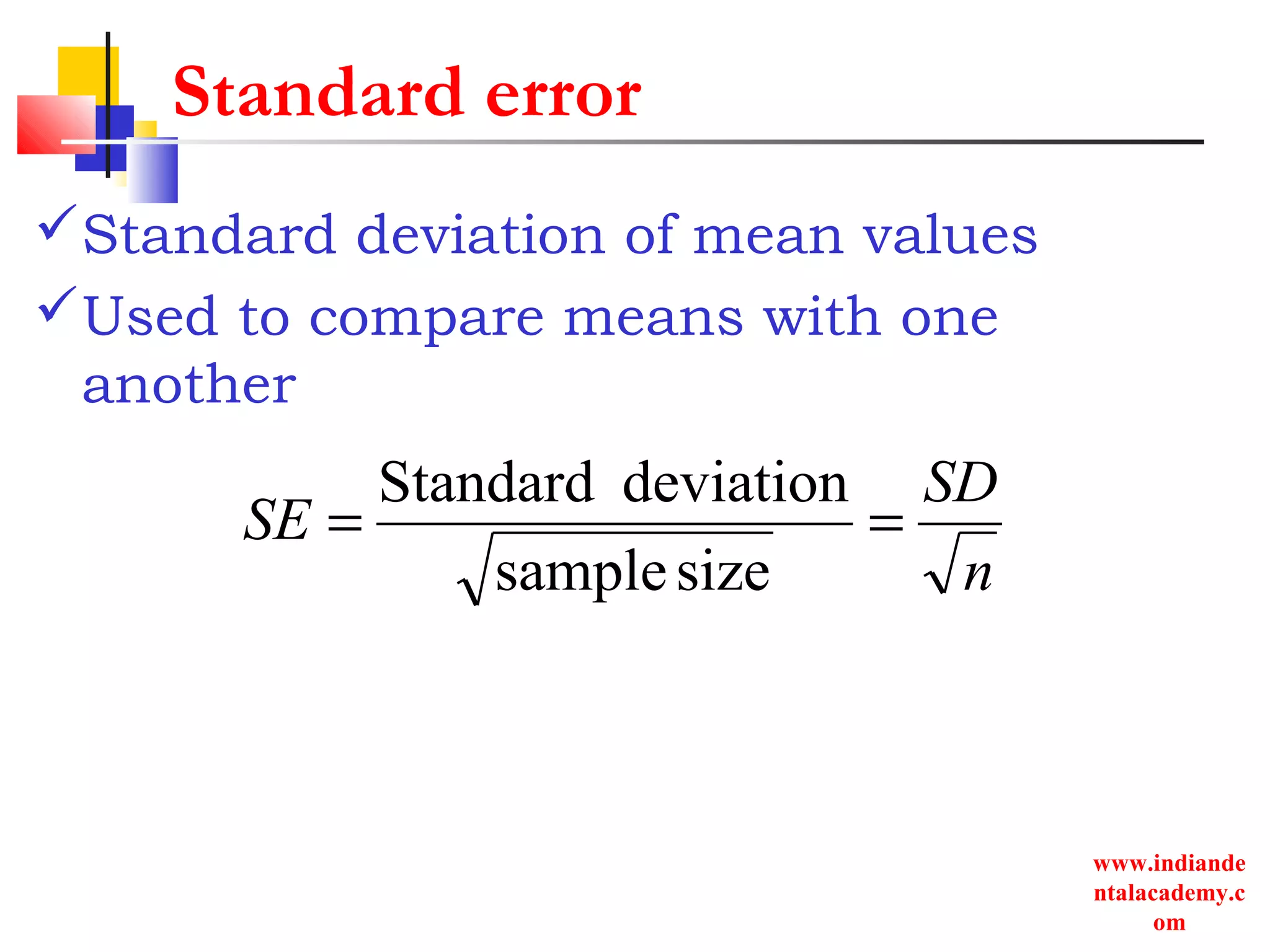 www.indiande
ntalacademy.c
om
Standard error
Standard deviation of mean values
Used to compare means with one
another
n
SD
SE ==
sizesample
deviationStandard
 