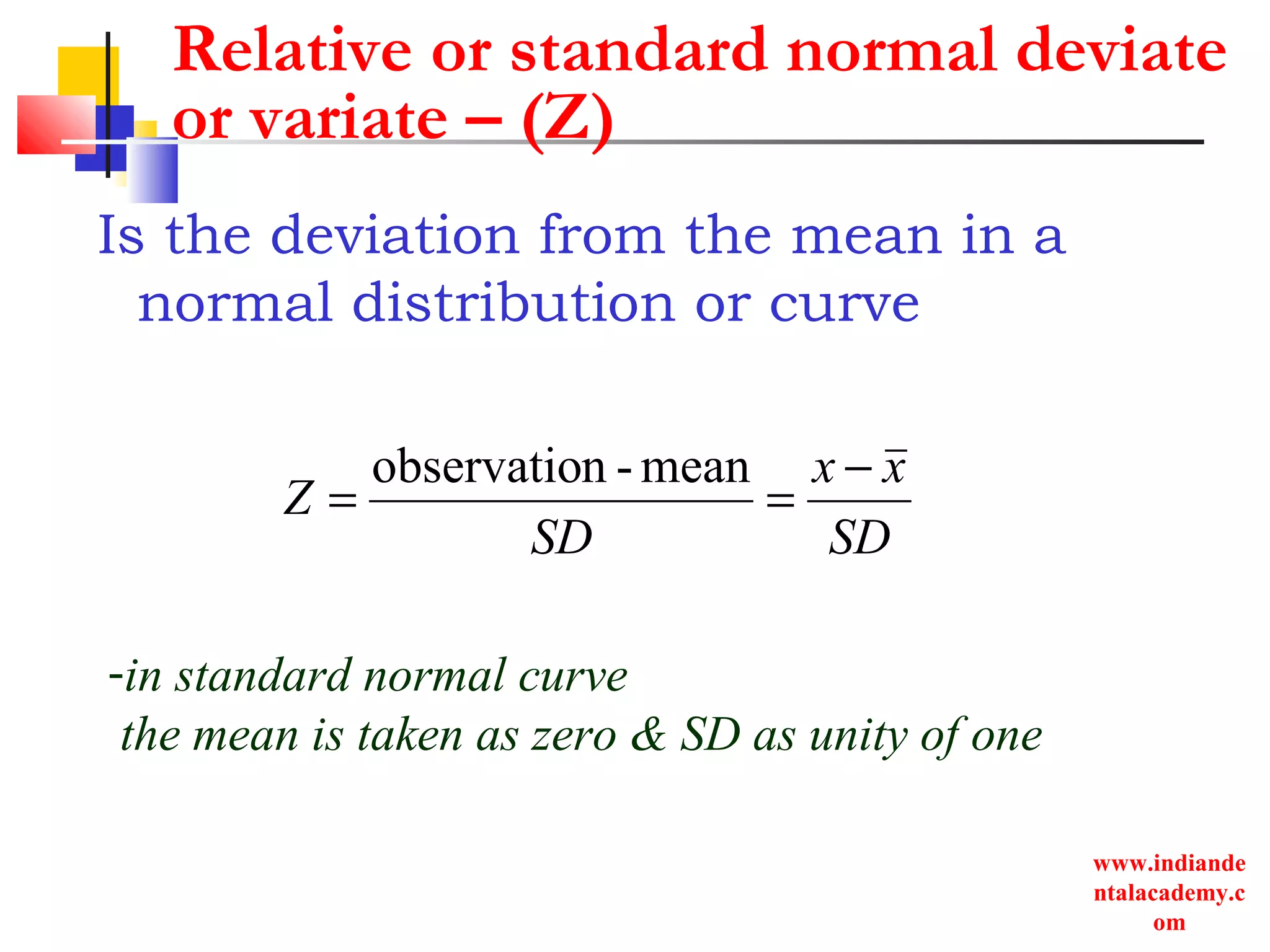www.indiande
ntalacademy.c
om
Relative or standard normal deviate
or variate – (Z)
Is the deviation from the mean in a
normal distribution or curve
-in standard normal curve
the mean is taken as zero & SD as unity of one
SD
xx
SD
Z
−
==
mean-nobservatio
 