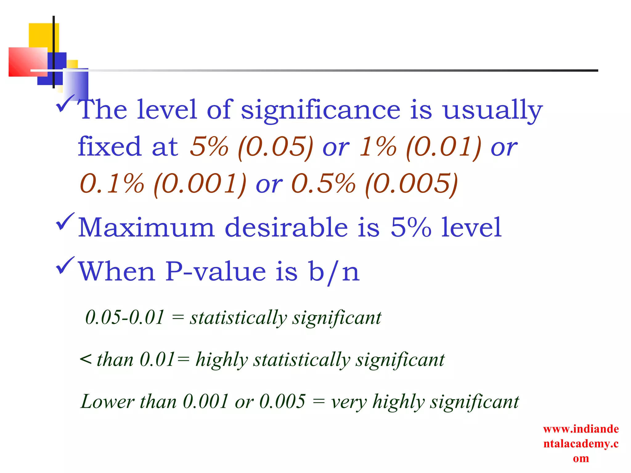 www.indiande
ntalacademy.c
om
The level of significance is usually
fixed at 5% (0.05) or 1% (0.01) or
0.1% (0.001) or 0.5% (0.005)
Maximum desirable is 5% level
When P-value is b/n
0.05-0.01 = statistically significant
< than 0.01= highly statistically significant
Lower than 0.001 or 0.005 = very highly significant
 