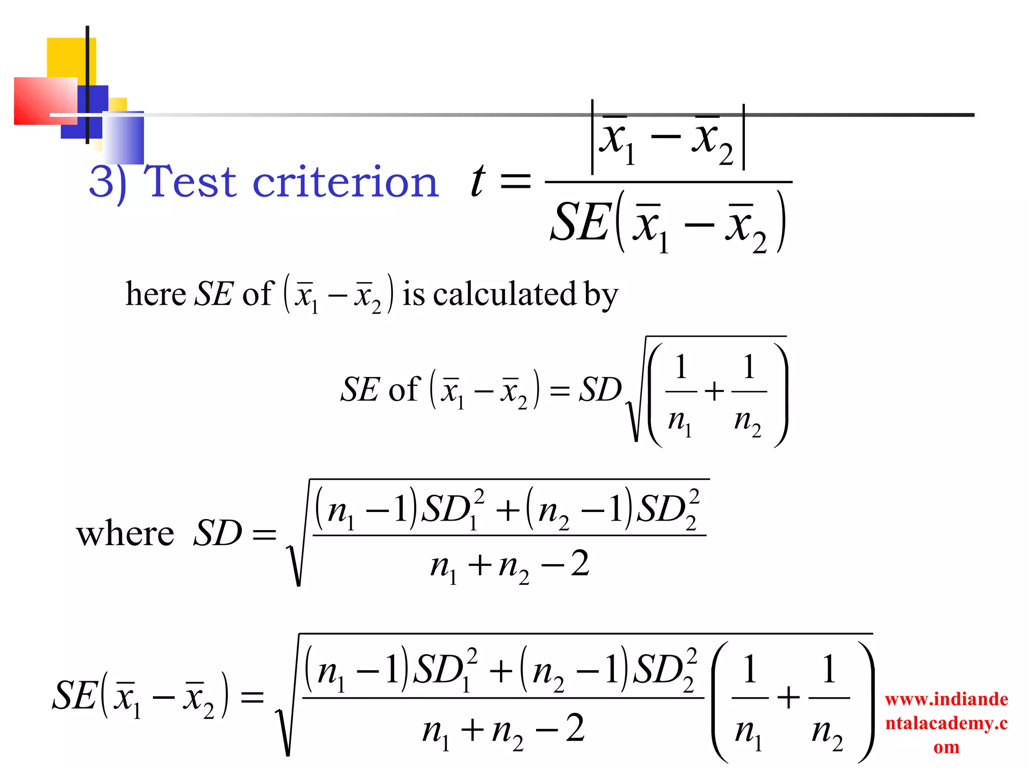 www.indiande
ntalacademy.c
om
3) Test criterion
( )21
21
xxSE
xx
t
−
−
=
( ) bycalculatedisofhere 21 xxSE −
( ) 





+=−
21
21
11
of
nn
SDxxSE
( ) ( )
2
11
where
21
2
22
2
11
−+
−+−
=
nn
SDnSDn
SD
( ) ( ) ( )






+
−+
−+−
=−
2121
2
22
2
11
21
11
2
11
nnnn
SDnSDn
xxSE
 