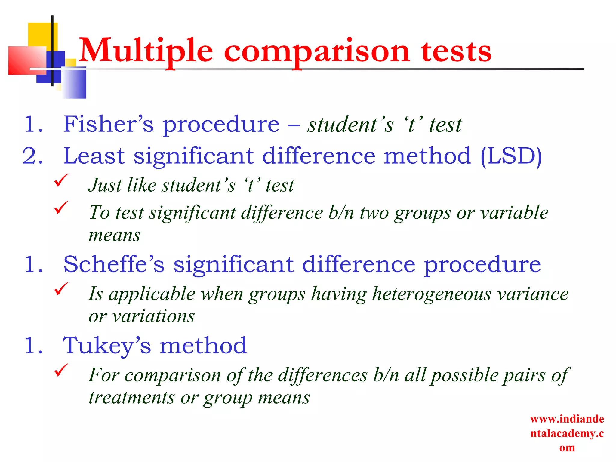 www.indiande
ntalacademy.c
om
Multiple comparison tests
1. Fisher’s procedure – student’s ‘t’ test
2. Least significant difference method (LSD)
 Just like student’s ‘t’ test
 To test significant difference b/n two groups or variable
means
1. Scheffe’s significant difference procedure
 Is applicable when groups having heterogeneous variance
or variations
1. Tukey’s method
 For comparison of the differences b/n all possible pairs of
treatments or group means
 