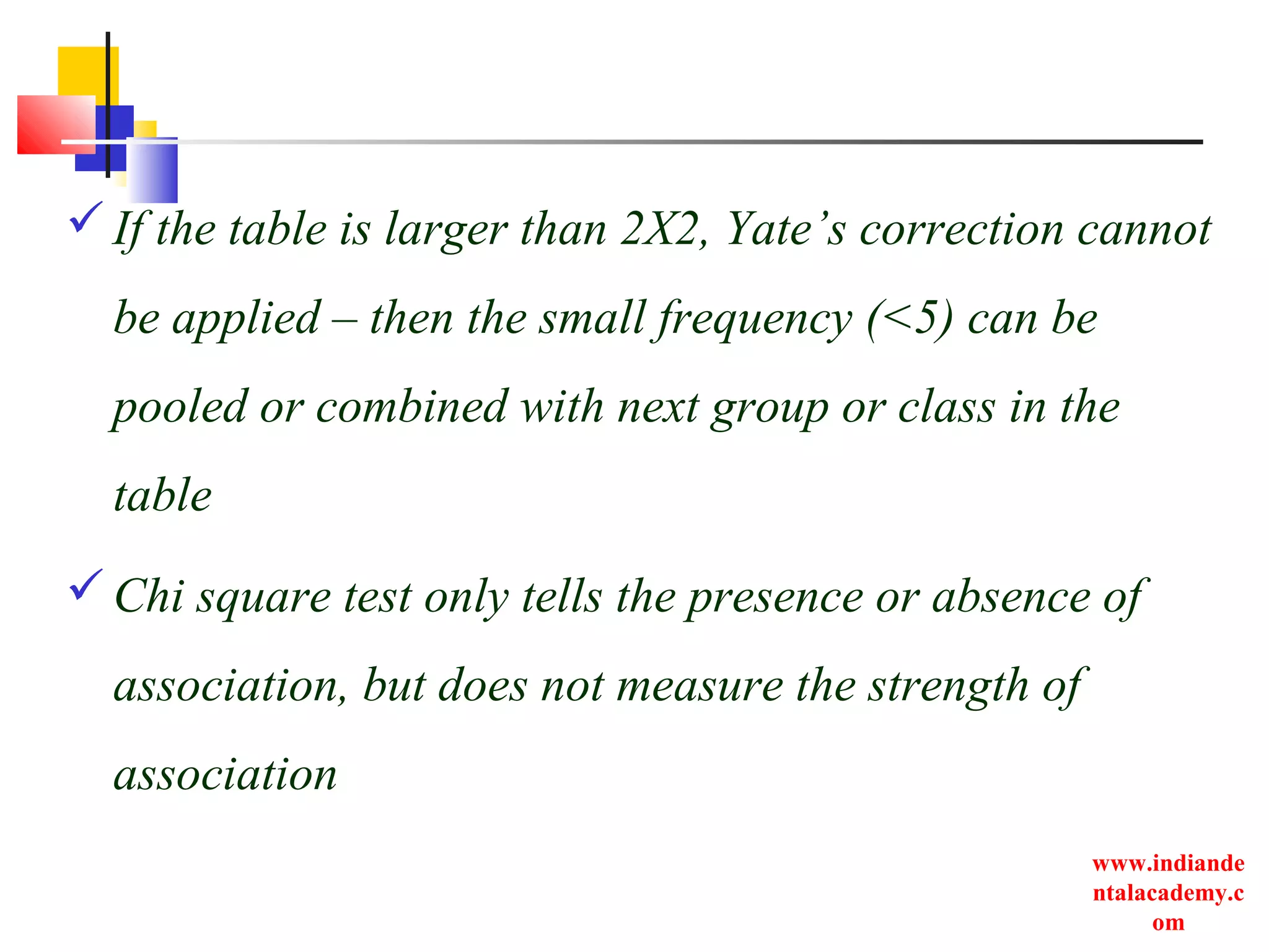 www.indiande
ntalacademy.c
om
If the table is larger than 2X2, Yate’s correction cannot
be applied – then the small frequency (<5) can be
pooled or combined with next group or class in the
table
Chi square test only tells the presence or absence of
association, but does not measure the strength of
association
 