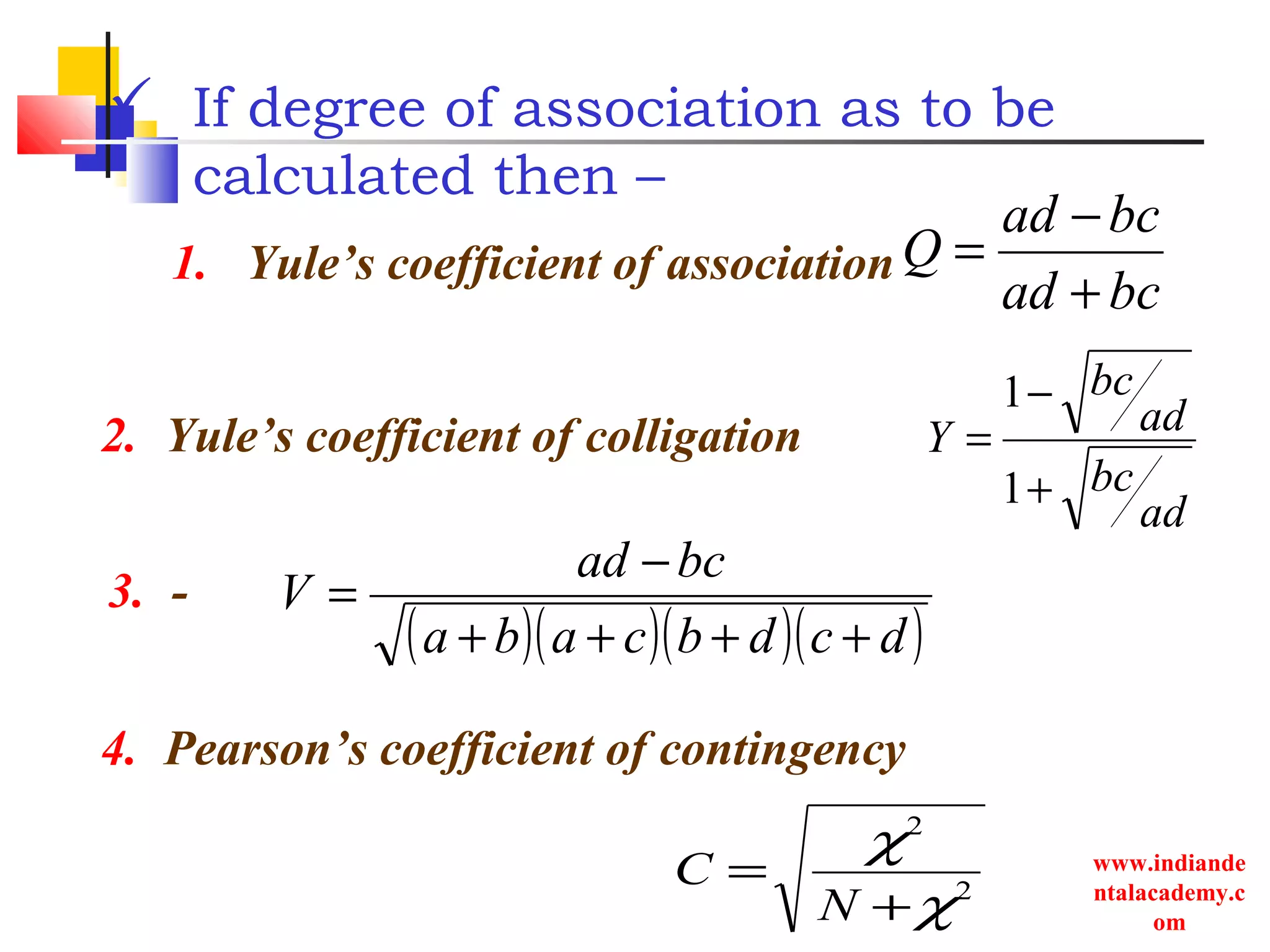 www.indiande
ntalacademy.c
om
 If degree of association as to be
calculated then –
1. Yule’s coefficient of association
bcad
bcad
Q
+
−
=
ad
bc
ad
bc
Y
+
−
=
1
1
( )( )( )( )dcdbcaba
bcad
V
++++
−
=
2
2
χ
χ
+
=
N
C
4. Pearson’s coefficient of contingency
3. -
2. Yule’s coefficient of colligation
 