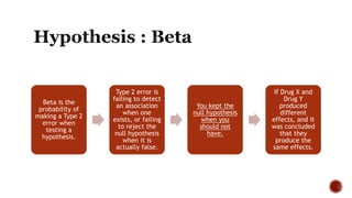 Beta is the
probability of
making a Type 2
error when
testing a
hypothesis.
Type 2 error is
failing to detect
an association
when one
exists, or failing
to reject the
null hypothesis
when it is
actually false.
You kept the
null hypothesis
when you
should not
have.
If Drug X and
Drug Y
produced
different
effects, and it
was concluded
that they
produce the
same effects.
 