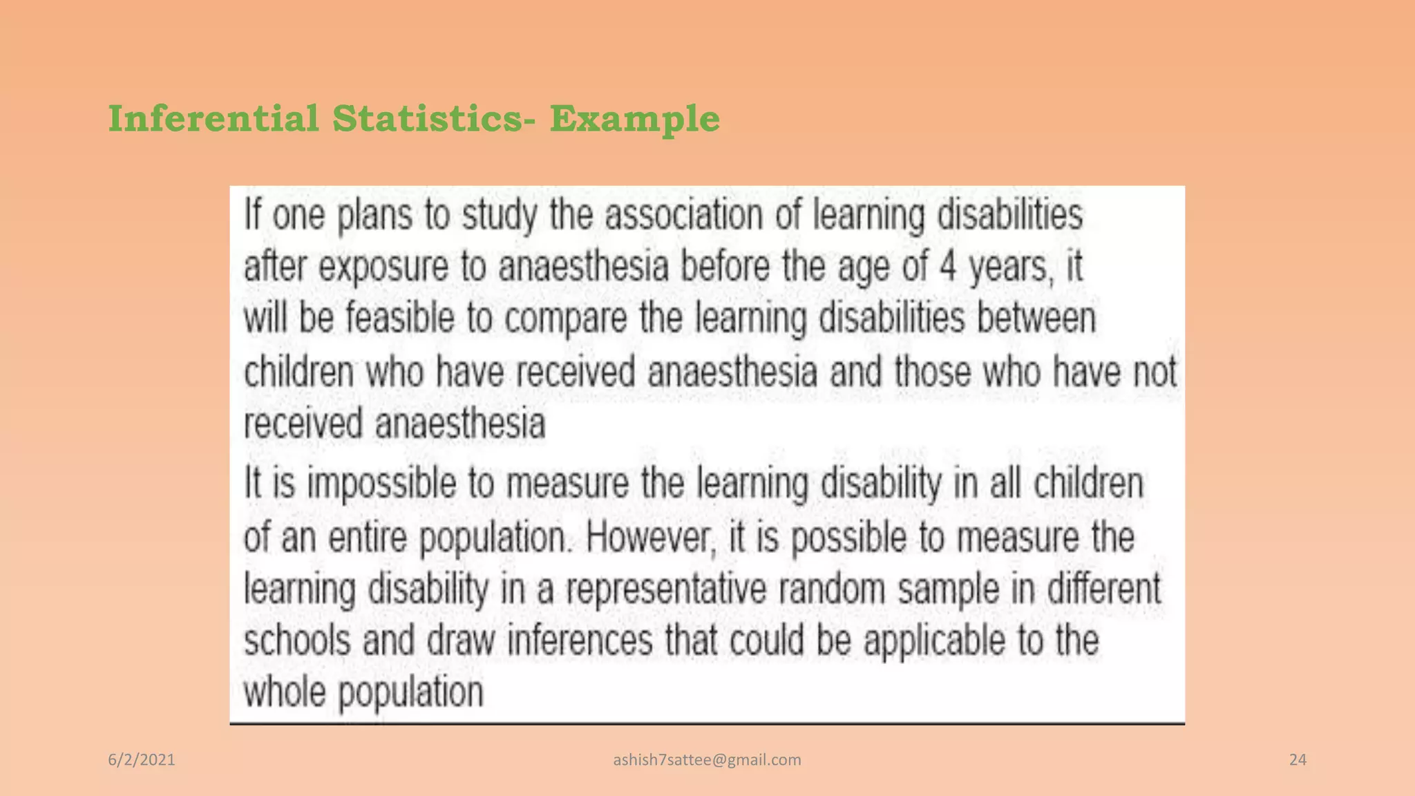 Inferential Statistics- Example
6/2/2021 24
ashish7sattee@gmail.com
 