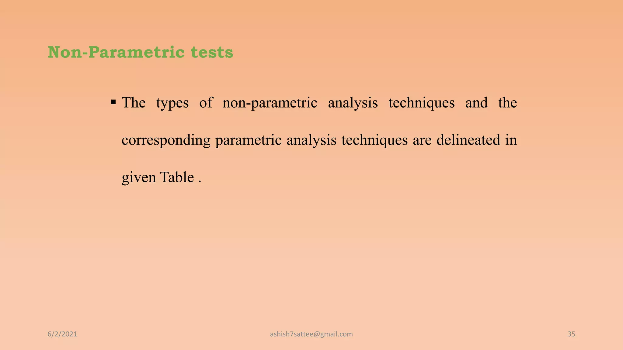 Non-Parametric tests
 The types of non-parametric analysis techniques and the
corresponding parametric analysis techniques are delineated in
given Table .
6/2/2021 35
ashish7sattee@gmail.com
 