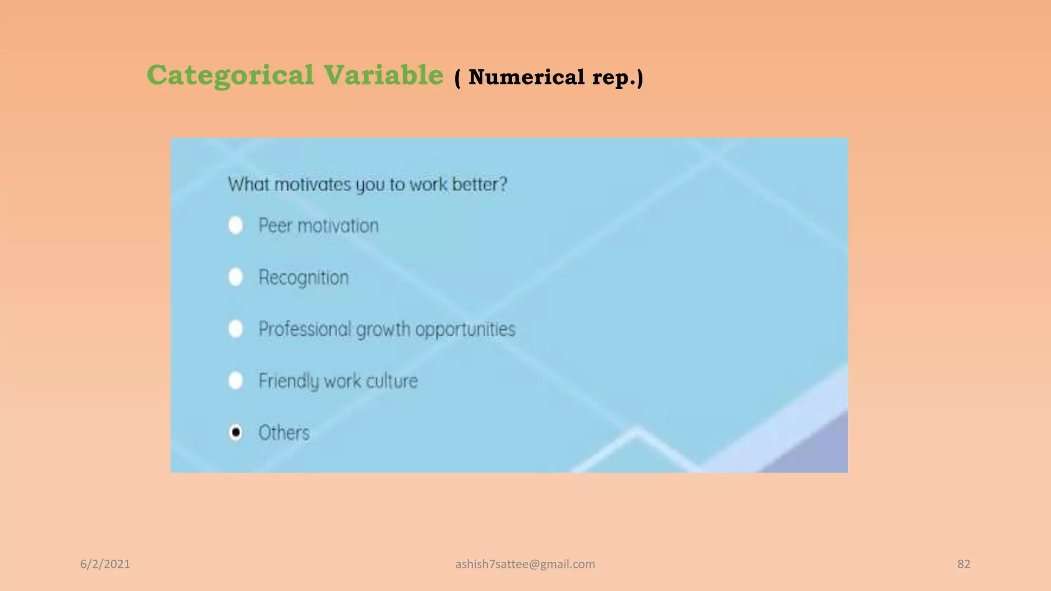Categorical Variable ( Numerical rep.)
6/2/2021 82
ashish7sattee@gmail.com
 