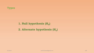 Types
1. Null hypothesis (H0)
2. Alternate hypothesis (Ha)
6/2/2021 108
ashish7sattee@gmail.com
 