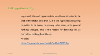 Null hypothesis (H0)
6/2/2021 117
ashish7sattee@gmail.com
In general, the null hypothesis is usually constructed to be
that of the status quo; that is, it is the hypothesis requiring
no action to be taken, no money to be spent, or in general
nothing changed. This is the reason for denoting this as
the null or nothing hypothesis.
AV aids:
https://m.youtube.com/watch?v=UgYc08Wr8io
 
