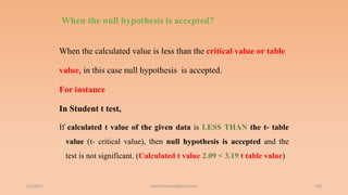 When the null hypothesis is accepted?
When the calculated value is less than the critical value or table
value, in this case null hypothesis is accepted.
For instance
In Student t test,
If calculated t value of the given data is LESS THAN the t- table
value (t- critical value), then null hypothesis is accepted and the
test is not significant. (Calculated t value 2.09 < 3.19 t table value)
6/2/2021 130
ashish7sattee@gmail.com
 