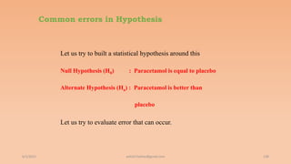 Common errors in Hypothesis
Let us try to built a statistical hypothesis around this
Null Hypothesis (H0) : Paracetamol is equal to placebo
Alternate Hypothesis (Ha) : Paracetamol is better than
placebo
Let us try to evaluate error that can occur.
6/2/2021 138
ashish7sattee@gmail.com
 
