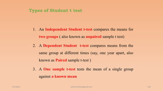 Types of Student t test
1. An Independent Student t-test compares the means for
two groups ( also known as unpaired sample t test)
2. A Dependent Student t-test compares means from the
same group at different times (say, one year apart, also
known as Paired sample t-test )
3. A One sample t-test tests the mean of a single group
against a known mean
6/2/2021 158
ashish7sattee@gmail.com
 