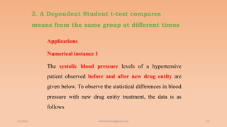 2. A Dependent Student t-test compares
means from the same group at different times
Applications
Numerical instance 1
The systolic blood pressure levels of a hypertensive
patient observed before and after new drug entity are
given below. To observe the statistical differences in blood
pressure with new drug entity treatment, the data is as
follows
6/2/2021 175
ashish7sattee@gmail.com
 
