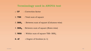 Terminology used in ANOVA test
1. CF : Correction factor
2. TSS : Total sum of square
3. BSSC : Between sum of square (Columns wise)
4. BSSR : Between sum of square (Rows wise)
5. WSS : Within sum of square TSS- BSSC
6. df : Degree of freedom (n-1)
6/2/2021 185
 
