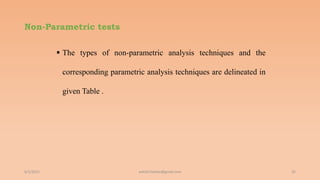 Non-Parametric tests
 The types of non-parametric analysis techniques and the
corresponding parametric analysis techniques are delineated in
given Table .
6/2/2021 35
ashish7sattee@gmail.com
 