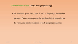 Continuous data ( Ratio data-graphical rep)
 To visualize your data, plot it on a frequency distribution
polygon. Plot the groupings on the x-axis and the frequencies on
the y-axis, and join the midpoint of each grouping using lines.
6/2/2021 73
ashish7sattee@gmail.com
 