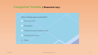 Categorical Variable ( Numerical rep.)
6/2/2021 82
ashish7sattee@gmail.com
 