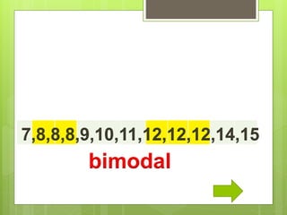 1,2,2,3,4,3,4,5,4,6,7
10, 20, 30, 40, 50
Mode does
not exist
7,8,8,8,9,10,11,12,12,12,14,15
bimodal
 
