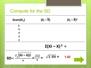 Compute for the SD
Score(X1) (Xi – X) (Xi – X)2
5 1.4 1.96
4 0.4 0.16
4 0.4 0.16
3 -0.6 0.36
2 -1.6 2.56
X=3.6 Σ(Xi – X) 2 =5.20
SD=
𝜮 (Xi – X)2
𝒏
=
𝟓.𝟐
𝟓
= 𝟏. 𝟎𝟒 = 1.02
 