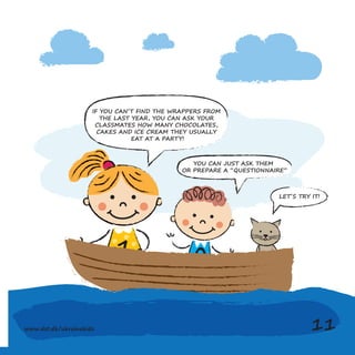 0
1
IF YOU CAN´T FIND THE WRAPPERS FROM
THE LAST YEAR, YOU CAN ASK YOUR
CLASSMATES HOW MANY CHOCOLATES,
CAKES AND ICE CREAM THEY USUALLY
EAT AT A PARTY!
YOU CAN JUST ASK THEM
OR PREPARE A “QUESTIONNAIRE”
LET´S TRY IT!
www.dst.dk/ukrainekidz 11
 