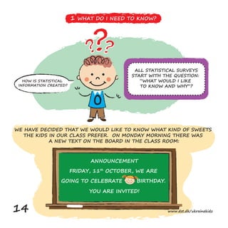 HOW IS STATISTICAL
INFORMATION CREATED?
ANNOUNCEMENT
FRIDAY, 11th
OCTOBER, WE ARE
GOING TO CELEBRATE BIRTHDAY.
YOU ARE INVITED!
WE HAVE DECIDED THAT WE WOULD LIKE TO KNOW WHAT KIND OF SWEETS
THE KIDS IN OUR CLASS PREFER. ON MONDAY MORNING THERE WAS
A NEW TEXT ON THE BOARD IN THE CLASS ROOM:
ALL STATISTICAL SURVEYS
START WITH THE QUESTION:
“WHAT WOULD I LIKE
TO KNOW AND WHY”?
0
1 WHAT DO I NEED TO KNOW?
14 www.dst.dk/ukrainekidz
 