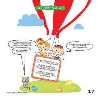 1 0
THE QUESTIONNAIRE CAN HAVE
OPEN AND CLOSED QUESTIONSCLOSED QUESTIONS
RESPONDENTS CHOOSE ONE OF
A SELECTION OF ANSWERSOPEN QUESTIONS
RESPONDENTS WRITE THEIR
OWN ANSWER
THE QUESTIONNAIRE IS NOT
A TEST, YOU DON´T NEED
TO WRITE YOUR NAME ON IT
THE ANSWERS WILL DEPEND
ON THE APPETITE
AND PREFERENCES
IT WILL BE CALLED
“ANONYMOUS”
3 HOW TO ASK?
www.dst.dk/ukrainekidz 17
 