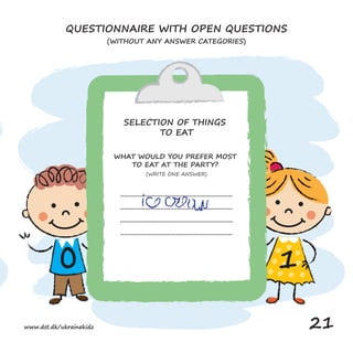 1
0
WHAT WOULD YOU PREFER MOST
TO EAT AT THE PARTY?
(WRITE ONE ANSWER)
...................................................................
...................................................................
...................................................................
...................................................................
QUESTIONNAIRE WITH OPEN QUESTIONS
(WITHOUT ANY ANSWER CATEGORIES)
SELECTION OF THINGS
TO EAT
www.dst.dk/ukrainekidz 21
 