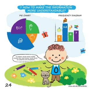 0TO MAKE YOUR POINT MORE
CLEAR YOU CAN SHOW YOUR DATA
AS GRAPHS OR DIAGRAMS
7 HOW TO MAKE THE INFORMATION
MORE UNDERSTANDABLE?
4
6 7
12
PIE CHART FREQUENCY DIAGRAM
24 www.dst.dk/ukrainekidz
 