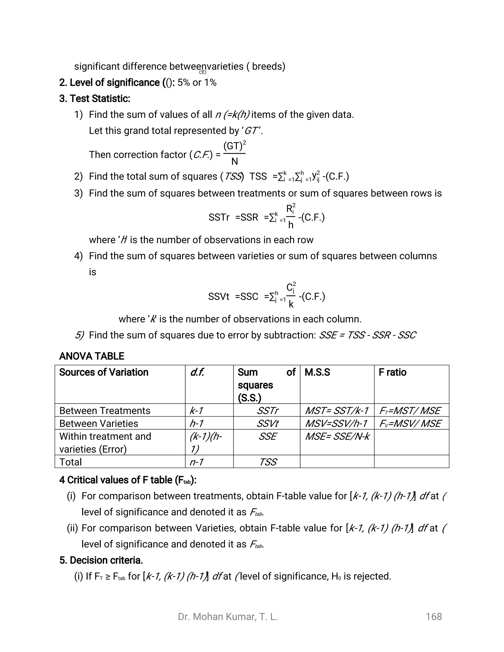 Dr. Mohan Kumar, T. L. 168
significant difference betweenvarieties ( breeds)
2. Level of significance ((): 5% or 1%
3. Test Statistic:
1) Find the sum of values of all n (=k(h) items of the given data.
Let this grand total represented by ‘GT ’.
Then correction factor (C.F.) =
(GT)2
N
2) Find the total sum of squares (TSS) TSS = -(C.F.)∑k
i =1∑h
j =1
y2
ij
3) Find the sum of squares between treatments or sum of squares between rows is
SSTr =SSR = -∑k
i =1
R2
i
h
(C.F.)
where ‘h’ is the number of observations in each row
4) Find the sum of squares between varieties or sum of squares between columns
is
SSVt =SSC = -∑h
j =1
C2
j
k
(C.F.)
where ‘k’ is the number of observations in each column.
5) Find the sum of squares due to error by subtraction: SSE = TSS - SSR - SSC
ANOVA TABLE
Sources of Variation d.f. Sum of
squares
(S.S.)
M.S.S F ratio
Between Treatments k-1 SSTr MST= SST/k-1 FT=MST/ MSE
Between Varieties h-1 SSVt MSV=SSV/h-1 FV=MSV/ MSE
Within treatment and
varieties (Error)
(k-1)(h-
1)
SSE MSE= SSE/N-k
Total n-1 TSS
4 Critical values of F table (Ftab):
(i) For comparison between treatments, obtain F-table value for [k-1, (k-1) (h-1)] df at (
level of significance and denoted it as Ftab.
(ii) For comparison between Varieties, obtain F-table value for [k-1, (k-1) (h-1)] df at (
level of significance and denoted it as Ftab.
5. Decision criteria.
(i) If FT ≥ Ftab for [k-1, (k-1) (h-1)] df at ( level of significance, H0 is rejected.
 