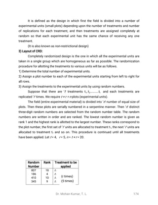 Dr. Mohan Kumar, T. L. 174
It is defined as the design in which first the field is divided into a number of
experimental units (small plots) depending upon the number of treatments and number
of replications for each treatment, and then treatments are assigned completely at
random so that each experimental unit has the same chance of receiving any one
treatment.
(It is also known as non-restrictional design)
3) Layout of CRD:
Completely randomized design is the one in which all the experimental units are
taken in a single group which are homogeneous as far as possible. The randomization
procedure for allotting the treatments to various units will be as follows.
1) Determine the total number of experimental units.
2) Assign a plot number to each of the experimental units starting from left to right for
all rows.
3) Assign the treatments to the experimental units by using random numbers.
Suppose that there are ‘t’ treatments and each treatments are, …….…..t1 t2 tt
replicated ‘r’ times. We require t × r = n plots (experimental units).
The field (entire experimental material) is divided into ‘n’ number of equal size of
plots. Then these plots are serially numbered in a serpentine manner. Then ‘n’ distinct
three-digit random numbers are selected from the random number table. The random
numbers are written in order and are ranked. The lowest random number is given as
rank 1 and the highest rank is allotted to the largest number. These ranks correspond to
the plot number, the first set of ‘r’ units are allocated to treatment t1, the next ‘r’ units are
allocated to treatment t2 and so on. This procedure is continued until all treatments
have been applied. Let t = 4, r = 5, n = t × r = 20.
Random
Number
Rank Treatment to be
applied
807
186
410
345
18
4
10
9
t1
t1
t1
t1
(r times)
(5 times)
 