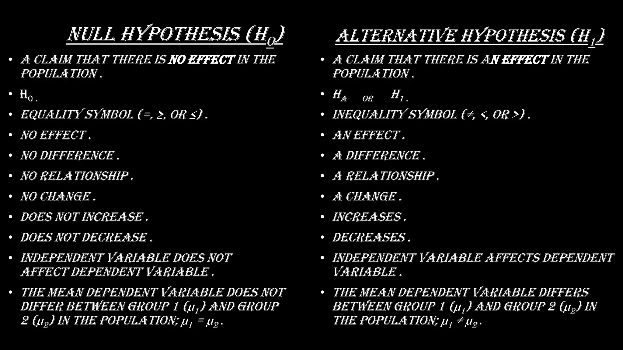 Null hypothesis (H0)
• A claim that there is no effect in the
population .
• H0 .
• EquaLity syMbOL (=, ≥, Or ≤) .
• No effect .
• No difference .
• No relationship .
• No change .
• Does not increase .
• Does not decrease .
• Independent variable does not
affect dependent variable .
• The mean dependent variable does not
differ between group 1 (µ1) and group
2 (µ2) in the population; µ1 = µ2 .
Alternative hypothesis (H1)
• A claim that there is an effect in the
population .
• Ha OR H1 .
• inEquaLity syMbOL (≠, <, Or >) .
• An effect .
• A difference .
• A relationship .
• A change .
• Increases .
• Decreases .
• Independent variable affects dependent
variable .
• The mean dependent variable differs
between group 1 (µ1) and group 2 (µ2) in
the population; µ1 ≠ µ2 .
 