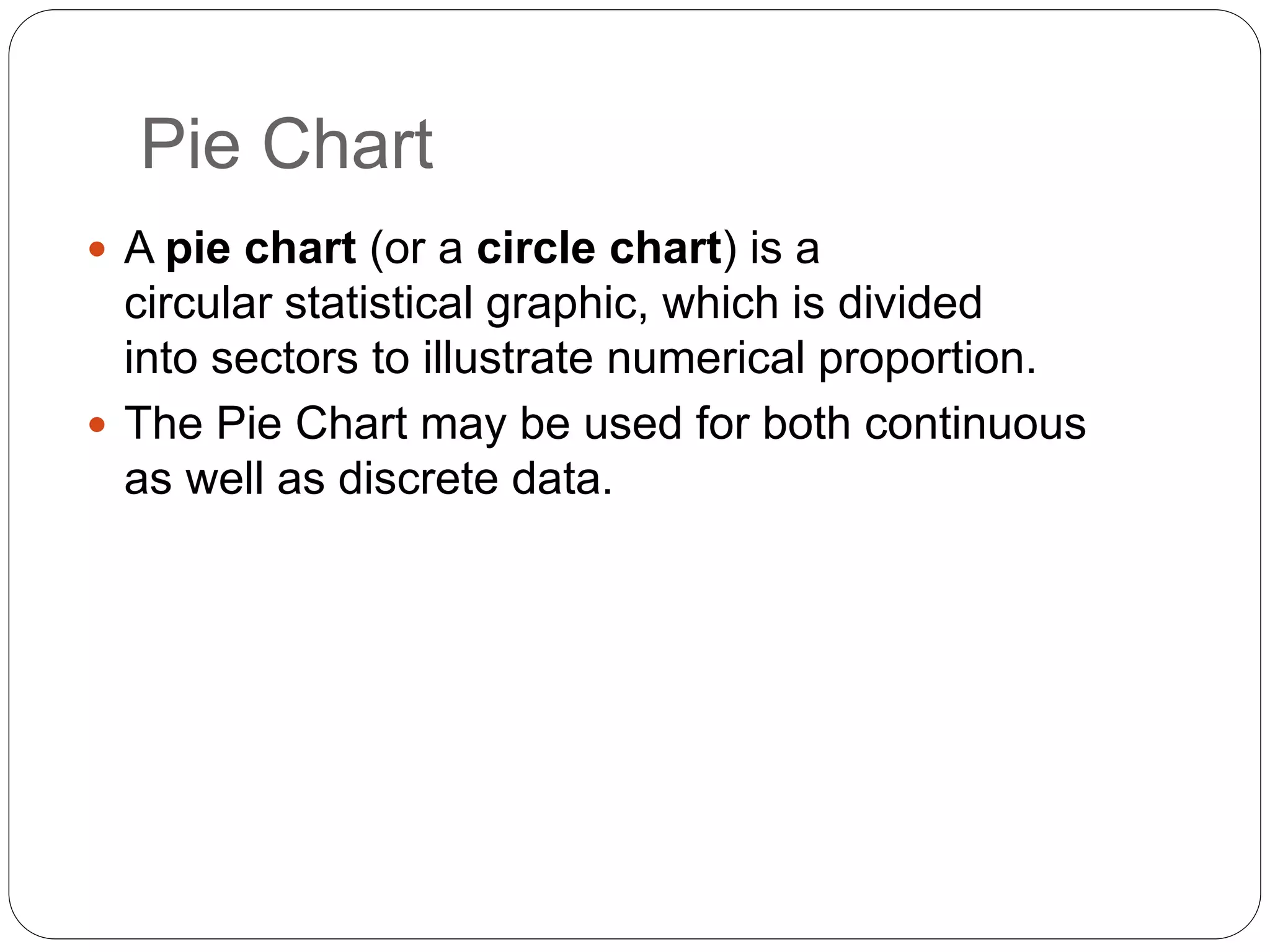 Pie Chart
 A pie chart (or a circle chart) is a
circular statistical graphic, which is divided
into sectors to illustrate numerical proportion.
 The Pie Chart may be used for both continuous
as well as discrete data.
 