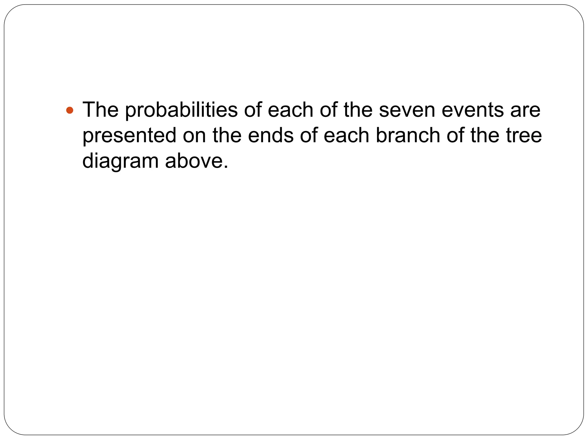  The probabilities of each of the seven events are
presented on the ends of each branch of the tree
diagram above.
 