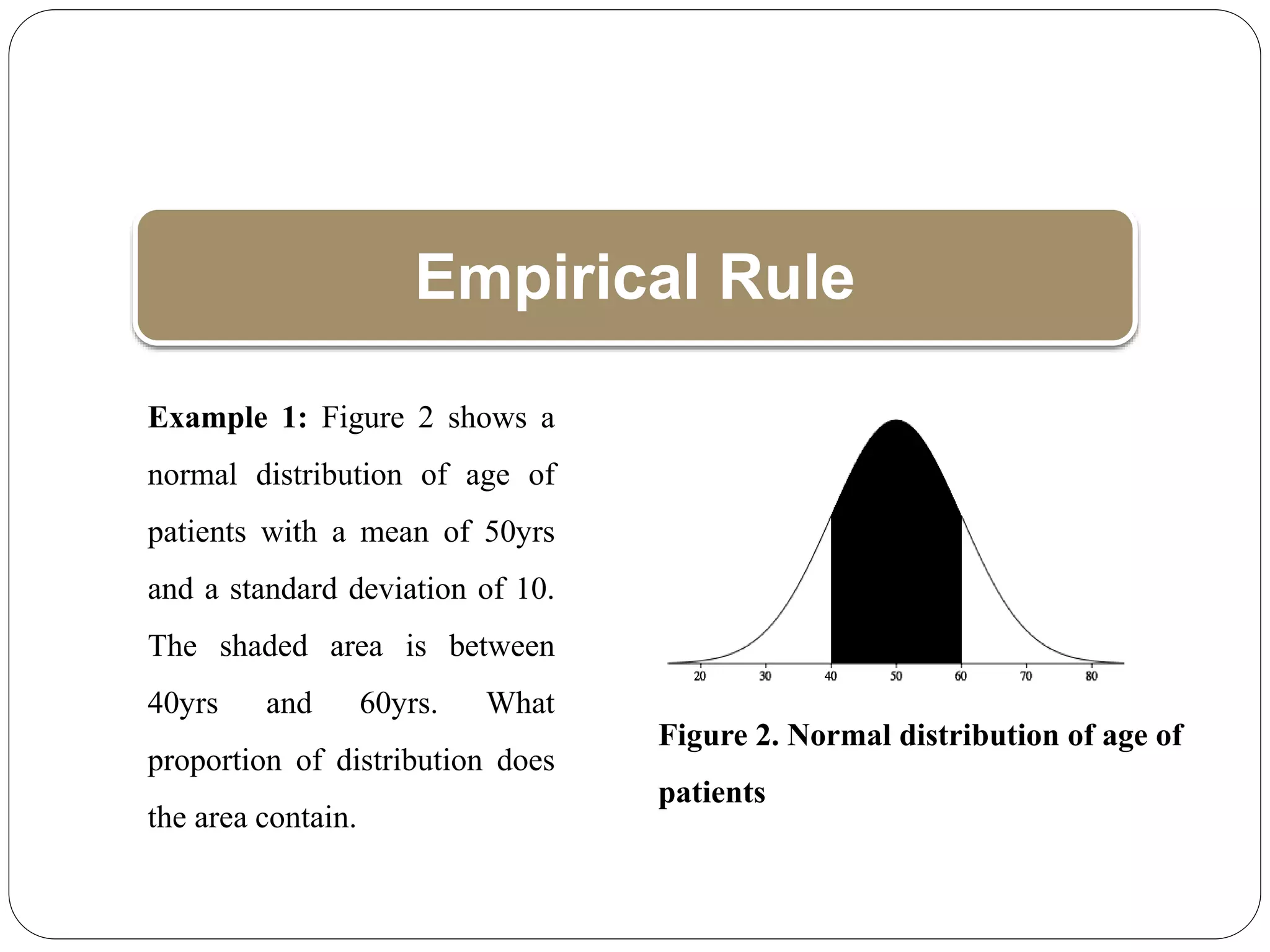 Empirical Rule
Example 1: Figure 2 shows a
normal distribution of age of
patients with a mean of 50yrs
and a standard deviation of 10.
The shaded area is between
40yrs and 60yrs. What
proportion of distribution does
the area contain.
Figure 2. Normal distribution of age of
patients
 