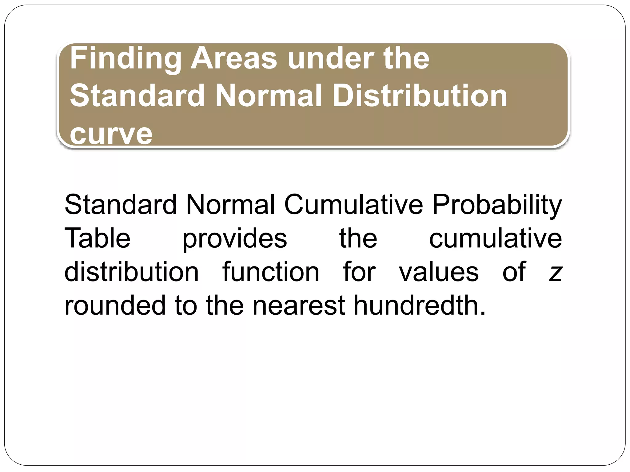 Finding Areas under the
Standard Normal Distribution
curve
Standard Normal Cumulative Probability
Table provides the cumulative
distribution function for values of z
rounded to the nearest hundredth.
 