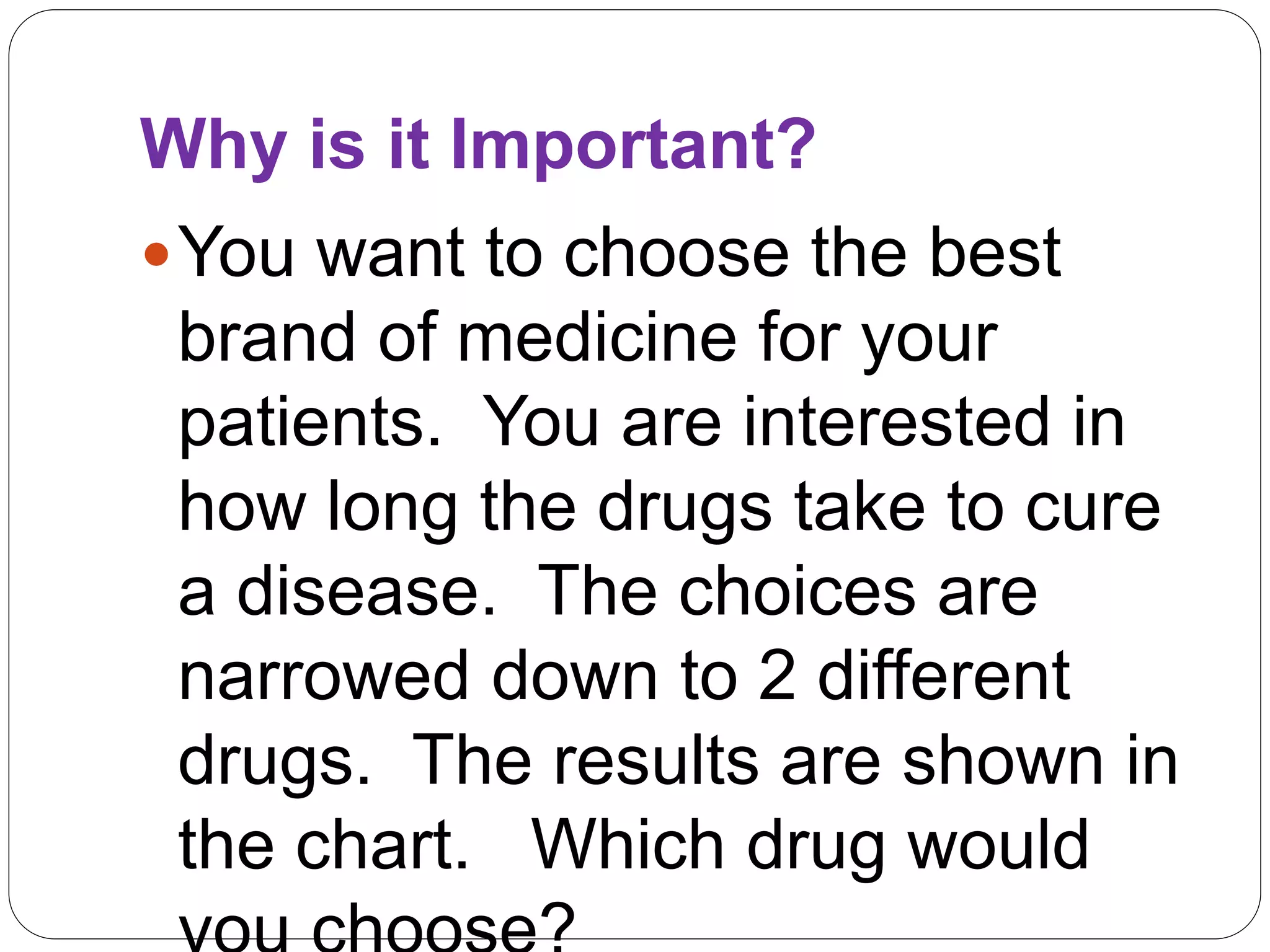 Why is it Important?
You want to choose the best
brand of medicine for your
patients. You are interested in
how long the drugs take to cure
a disease. The choices are
narrowed down to 2 different
drugs. The results are shown in
the chart. Which drug would
 