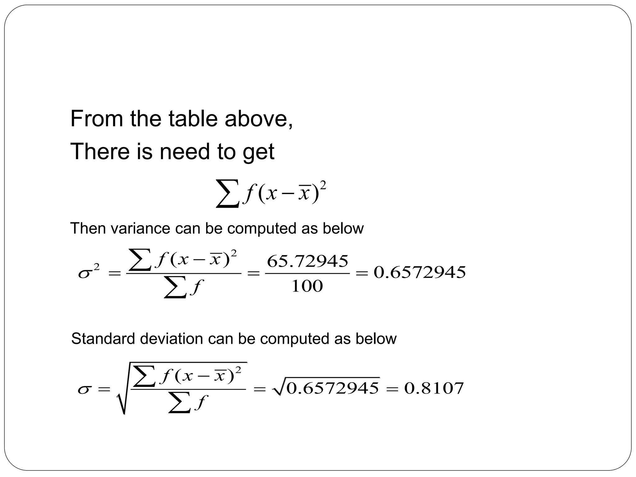 From the table above,
There is need to get
2
( )
f x x


2
( )
0.6572945 0.8107
f x x
f


  


Then variance can be computed as below
Standard deviation can be computed as below
2
2
( ) 65.72945
0.6572945
100
f x x
f


  


 