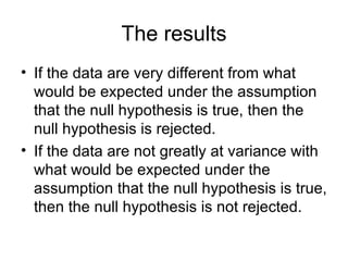 The results If the data are very different from what would be expected under the assumption that the null hypothesis is true, then the null hypothesis is rejected.  If the data are not greatly at variance with what would be expected under the assumption that the null hypothesis is true, then the null hypothesis is not rejected.  