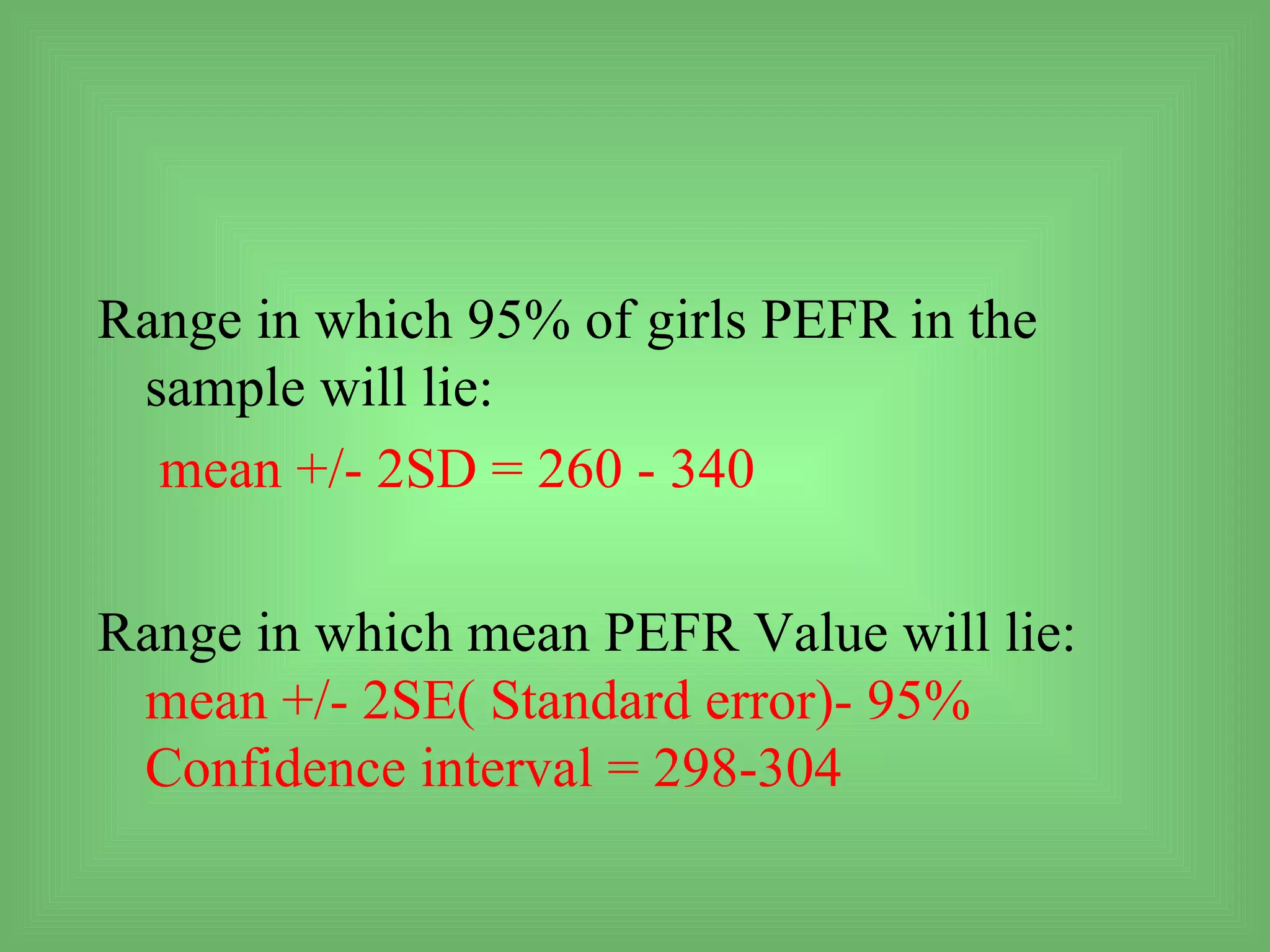 Range in which 95% of girls PEFR in the
 sample will lie:
  mean +/- 2SD = 260 - 340

Range in which mean PEFR Value will lie:
 mean +/- 2SE( Standard error)- 95%
 Confidence interval = 298-304
 
