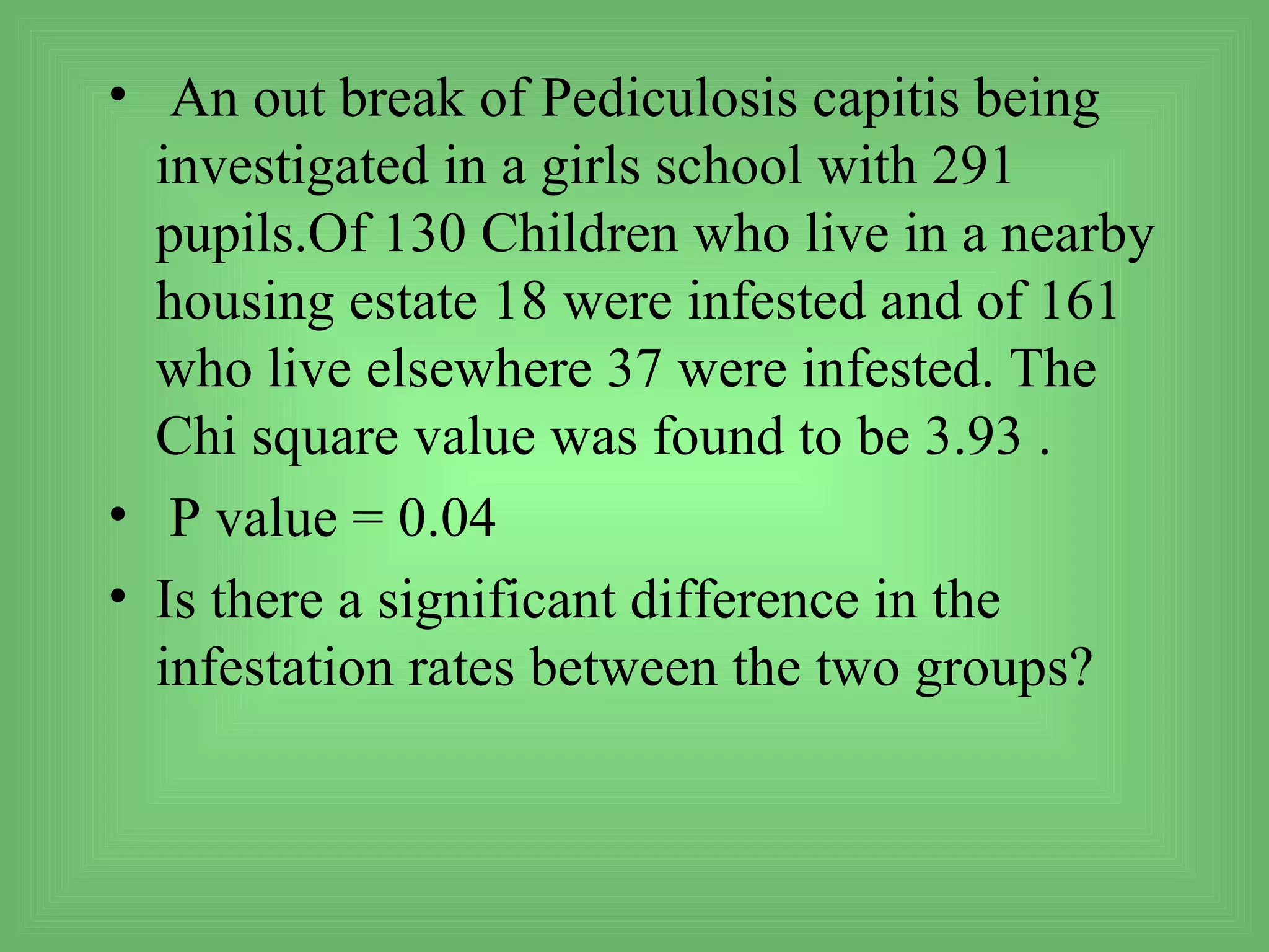 • An out break of Pediculosis capitis being
  investigated in a girls school with 291
  pupils.Of 130 Children who live in a nearby
  housing estate 18 were infested and of 161
  who live elsewhere 37 were infested. The
  Chi square value was found to be 3.93 .
• P value = 0.04
• Is there a significant difference in the
  infestation rates between the two groups?
 