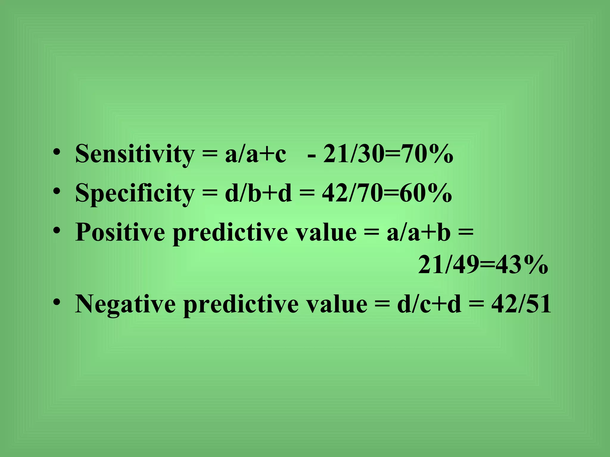 • Sensitivity = a/a+c - 21/30=70%
• Specificity = d/b+d = 42/70=60%
• Positive predictive value = a/a+b =
                                 21/49=43%
• Negative predictive value = d/c+d = 42/51
 