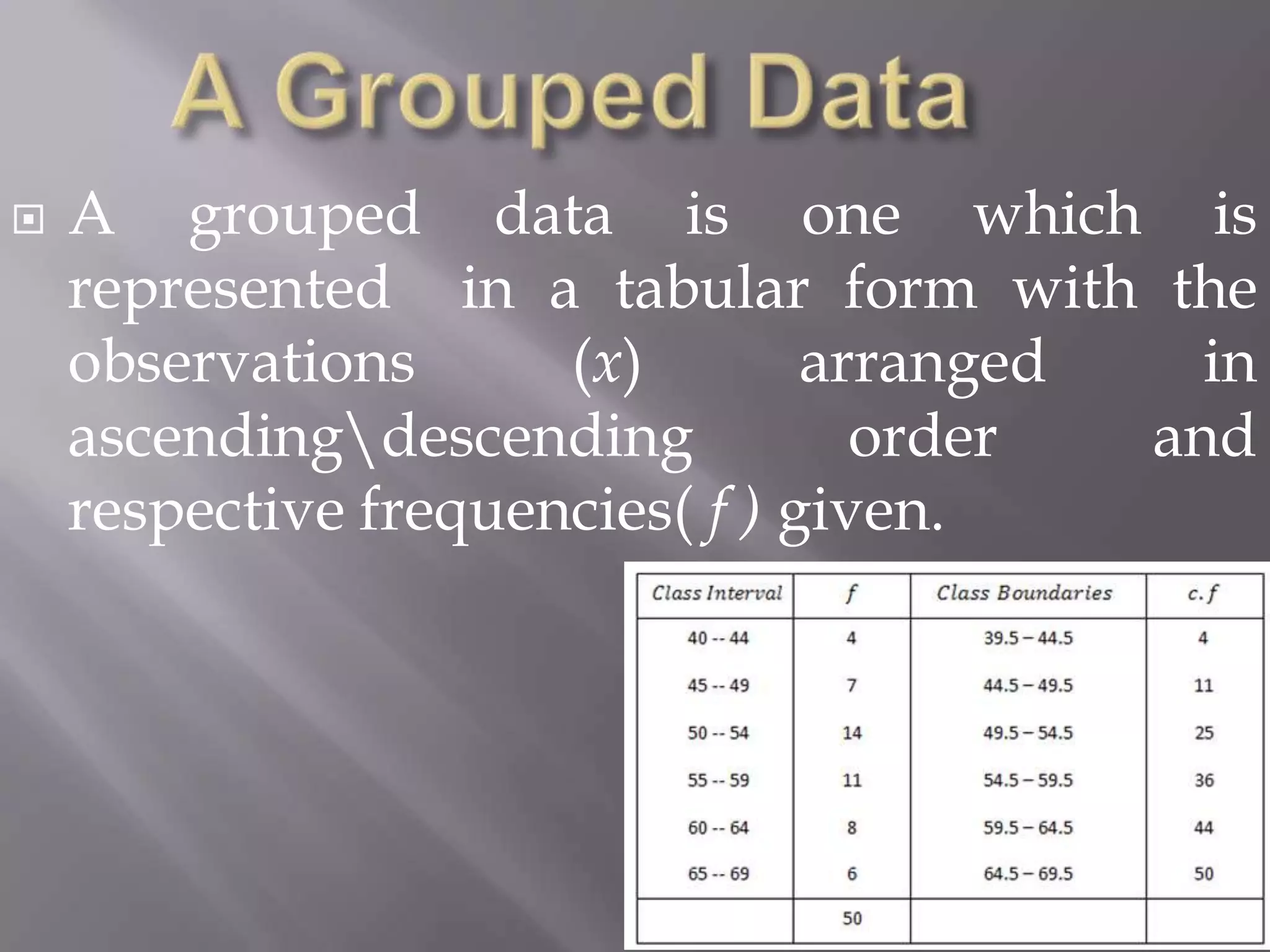    A grouped data is one which is
    represented in a tabular form with the
    observations      (x)        arranged   in
    ascendingdescending           order  and
    respective frequencies( f ) given.
 