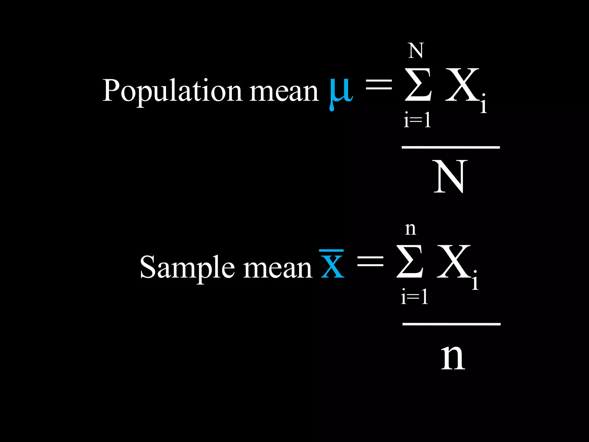 Population mean  μ  =  Σ  X i N i=1 N Sample mean  x  =  Σ  X i n i=1 n 