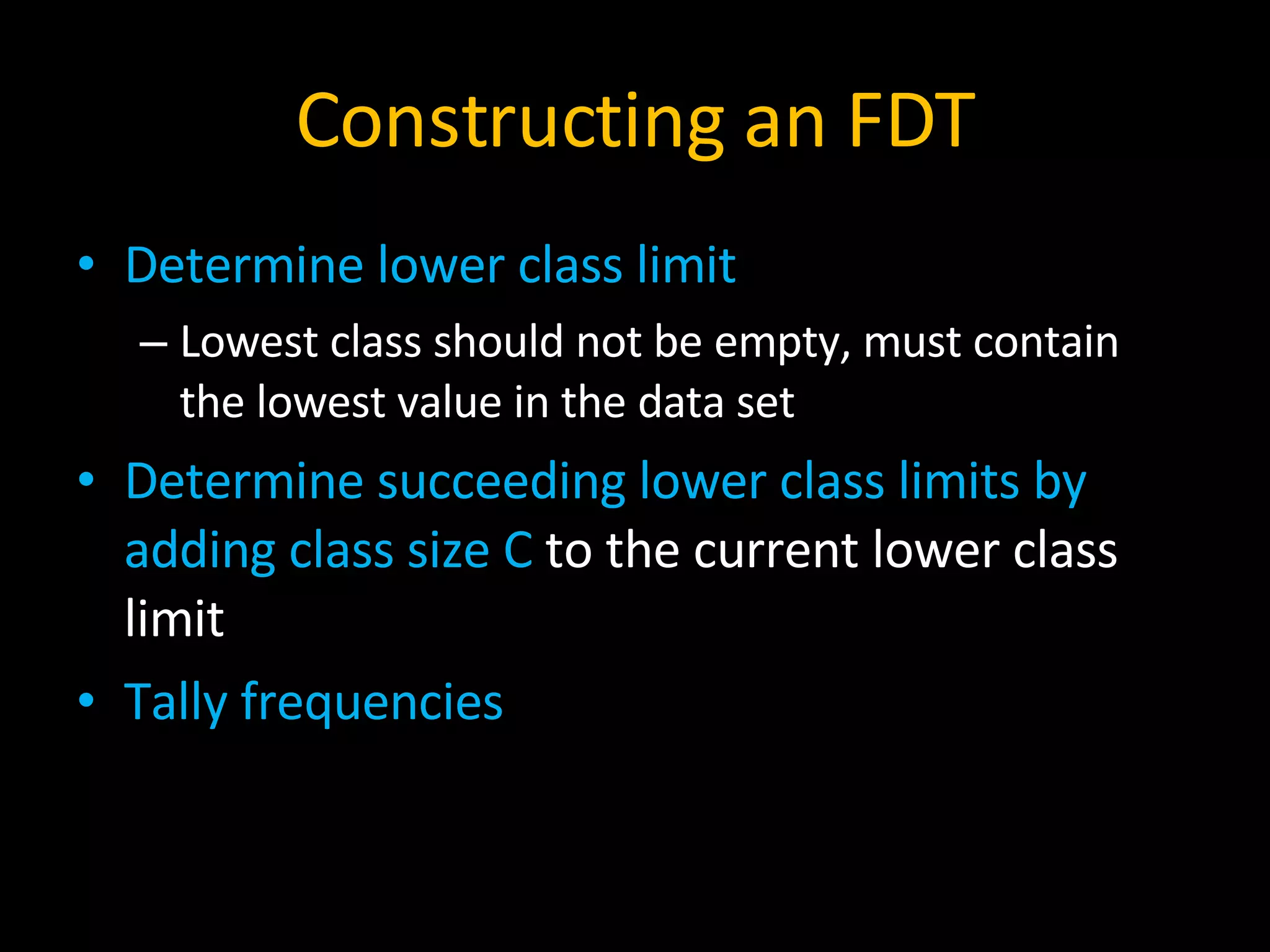 Constructing an FDT Determine lower class limit Lowest class should not be empty, must contain the lowest value in the data set Determine succeeding lower class limits by adding class size C  to the current lower class limit Tally frequencies 