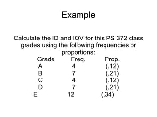 Example Calculate the ID and IQV for this PS 372 class grades using the following frequencies or proportions: Grade Freq. Prop. A 4 (.12) B 7 (.21) C 4 (.12) D 7 (.21) E 12 (.34) 