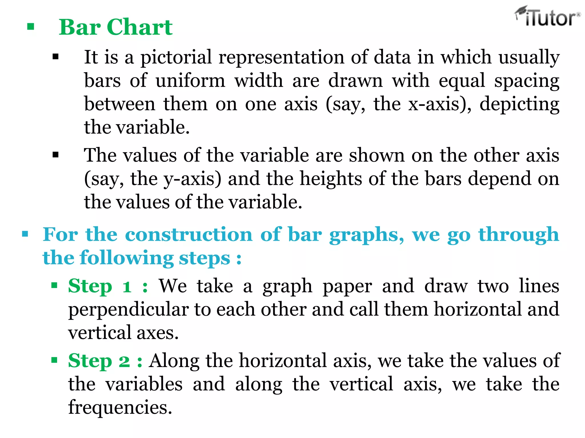  Bar Chart
 It is a pictorial representation of data in which usually
bars of uniform width are drawn with equal spacing
between them on one axis (say, the x-axis), depicting
the variable.
 The values of the variable are shown on the other axis
(say, the y-axis) and the heights of the bars depend on
the values of the variable.
 For the construction of bar graphs, we go through
the following steps :
 Step 1 : We take a graph paper and draw two lines
perpendicular to each other and call them horizontal and
vertical axes.
 Step 2 : Along the horizontal axis, we take the values of
the variables and along the vertical axis, we take the
frequencies.
 