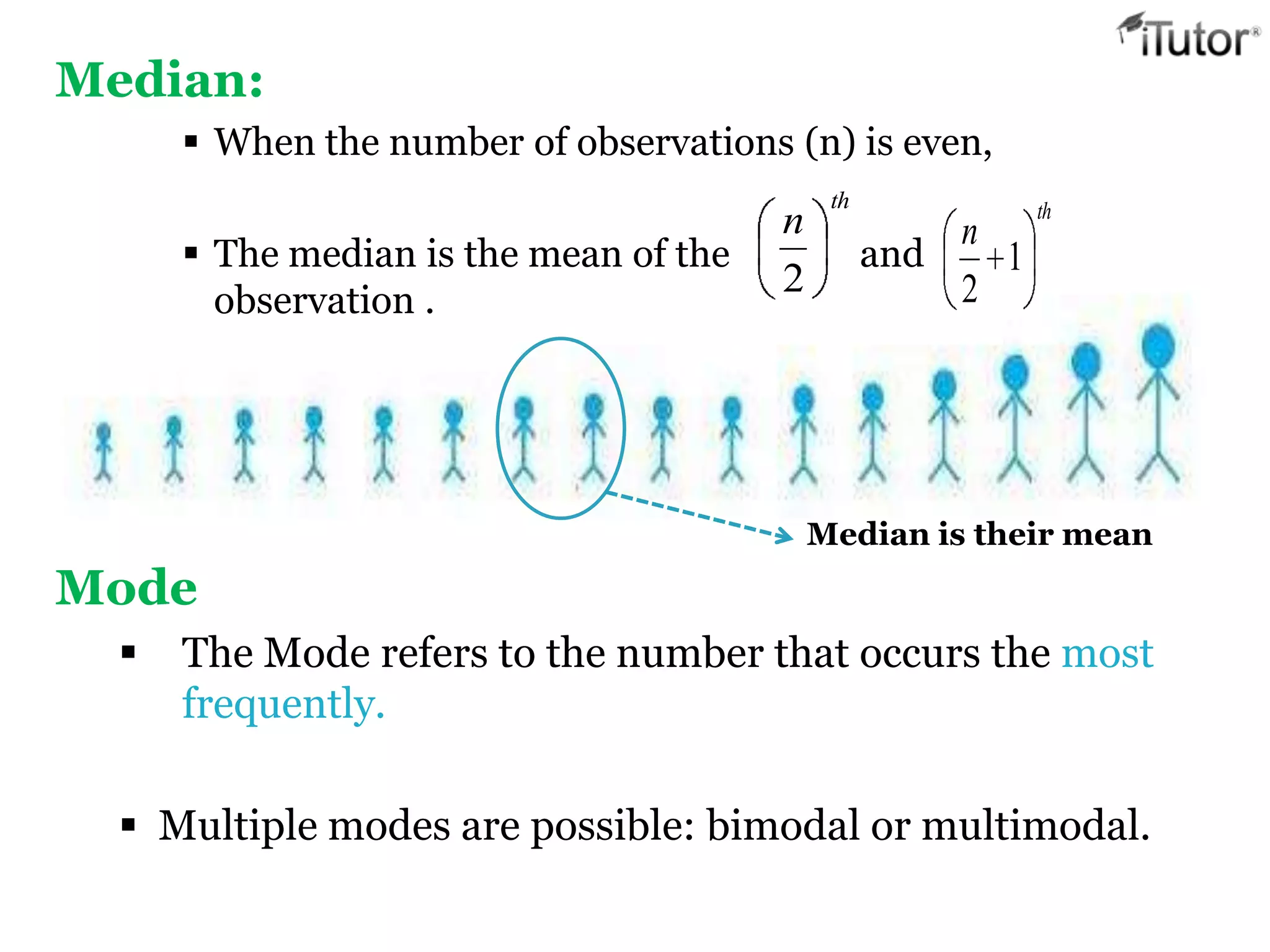 Median is their mean
Median:
 When the number of observations (n) is even,
 The median is the mean of the and
observation .
th
n
2
th
n
1
2
Mode
 The Mode refers to the number that occurs the most
frequently.
 Multiple modes are possible: bimodal or multimodal.
 