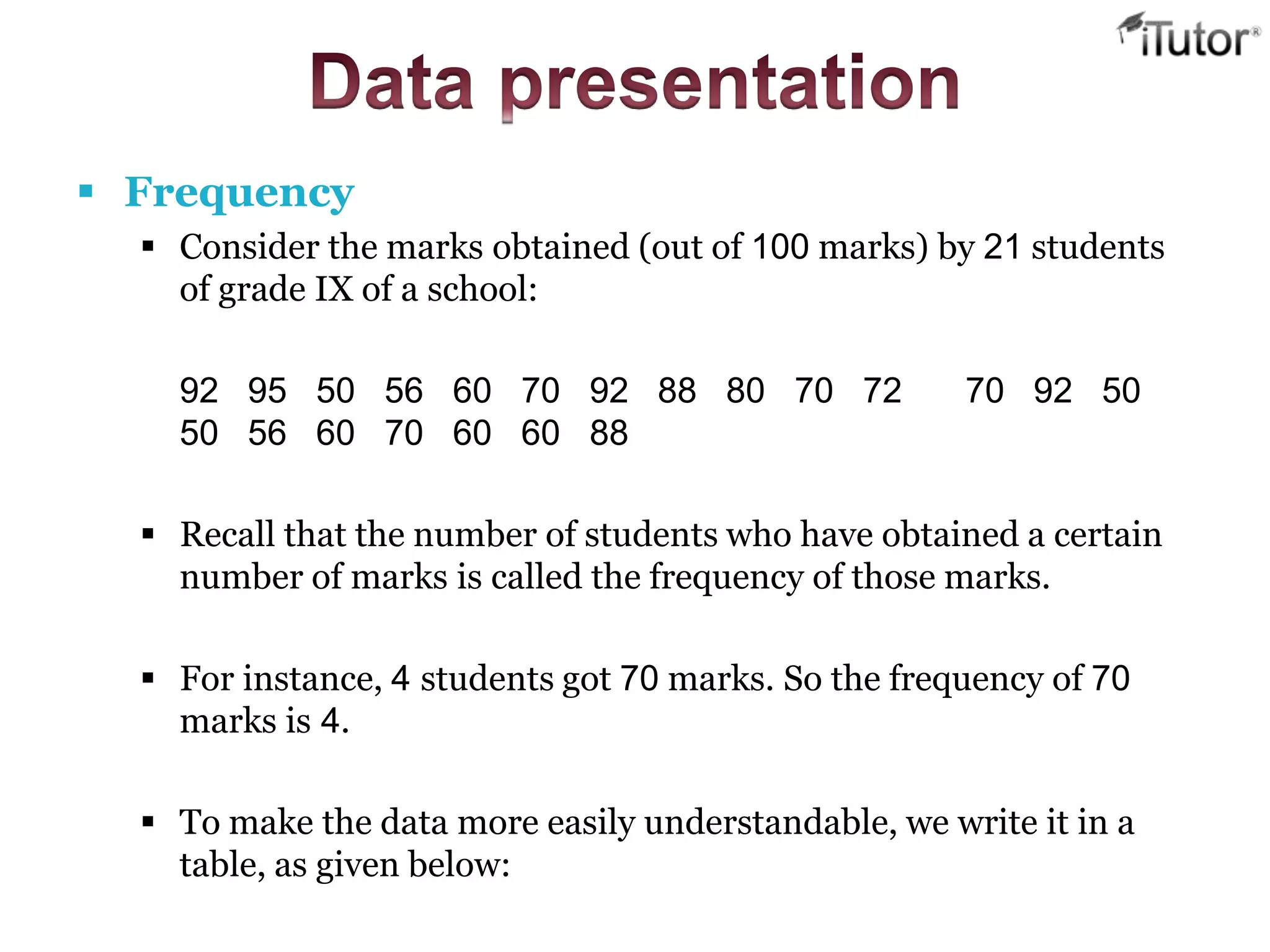  Frequency
 Consider the marks obtained (out of 100 marks) by 21 students
of grade IX of a school:
92 95 50 56 60 70 92 88 80 70 72 70 92 50
50 56 60 70 60 60 88
 Recall that the number of students who have obtained a certain
number of marks is called the frequency of those marks.
 For instance, 4 students got 70 marks. So the frequency of 70
marks is 4.
 To make the data more easily understandable, we write it in a
table, as given below:
 