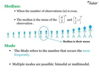 Median is their mean
Median:
 When the number of observations (n) is even,
 The median is the mean of the and
observation .
th
n
2
th
n
1
2
Mode
 The Mode refers to the number that occurs the most
frequently.
 Multiple modes are possible: bimodal or multimodal.
 