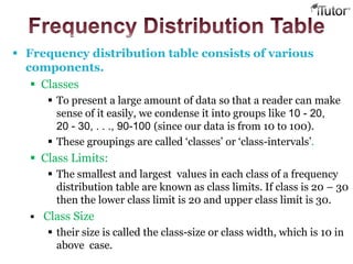  Frequency distribution table consists of various
components.
 Classes
 To present a large amount of data so that a reader can make
sense of it easily, we condense it into groups like 10 - 20,
20 - 30, . . ., 90-100 (since our data is from 10 to 100).
 These groupings are called ‘classes’ or ‘class-intervals’.
 Class Limits:
 The smallest and largest values in each class of a frequency
distribution table are known as class limits. If class is 20 – 30
then the lower class limit is 20 and upper class limit is 30.
 Class Size
 their size is called the class-size or class width, which is 10 in
above case.
 